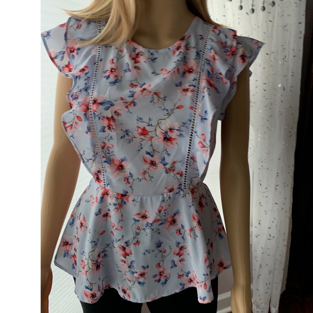 Light Blue Floral Blouse with Peplum
